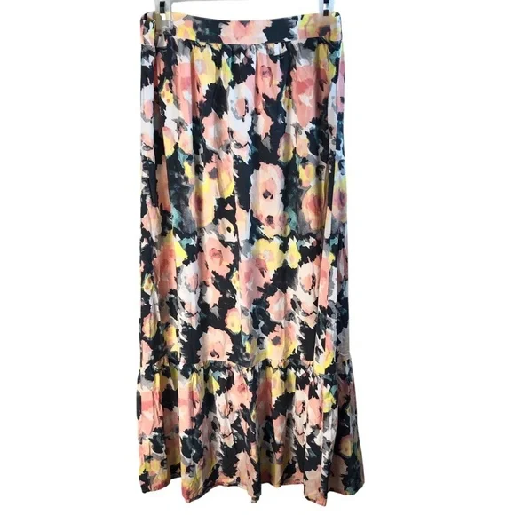 Loft Watercolor Floral Maxi Skirt Sz M Ruffled Tiered Hem Romantic Feminine Boho - Picture 3 of 8